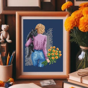 Girl with Black Cat Cross Stitch Pattern: Autumn Embroidery