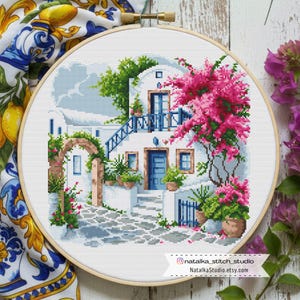 Mediterranean House Cross Stitch Pattern PDF, Greek Santorini Style, Pink Bougainvillea, Coastal Landscape image 1