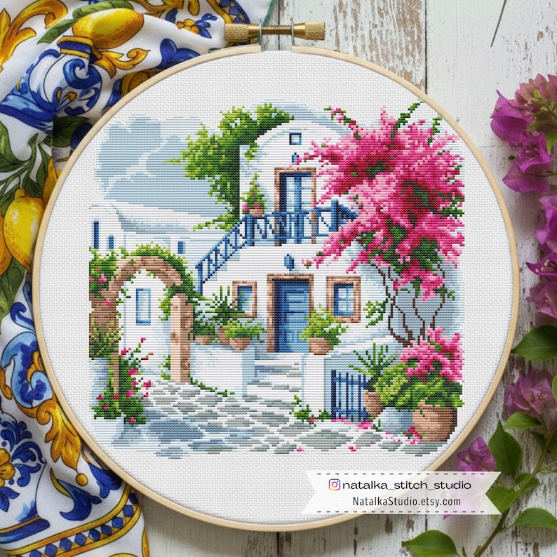 Mediterranean House Cross Stitch Pattern PDF, Greek Santorini Style, Pink Bougainvillea, Coastal Landscape image 1