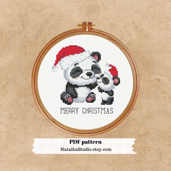 Panda cross stitch Christmas embroidery Cute pandas in Santa hats cross stitch pattern PDF