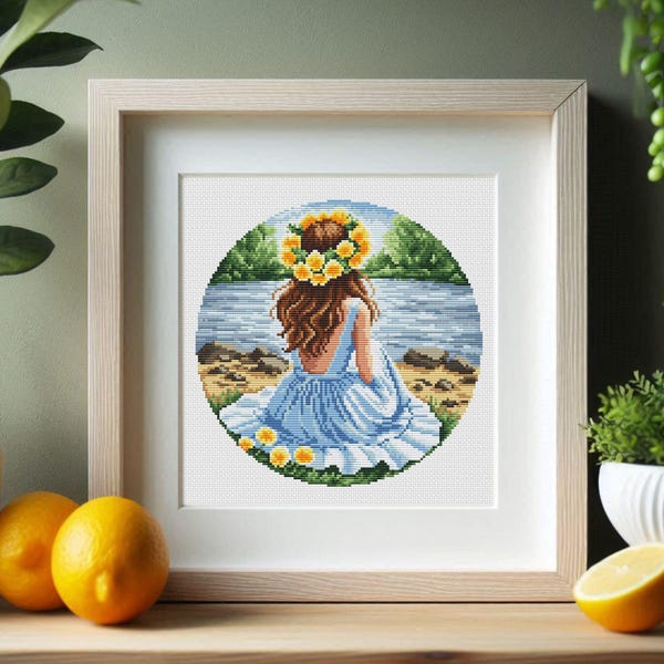 Kruissteekpatroon Girl on Riverbank: paardebloemen, lenteborduursel (pdf+SAGA)