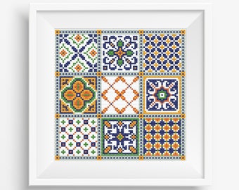 Azulejos mediterráneos punto de cruz Mosaico bordado de azulejos Muestra fácil patrón de punto de cruz para principiantes Archivo PDF