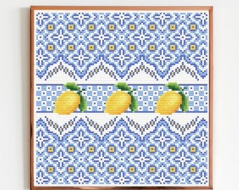 Lemons cross stitch pattern PDF Citrus cross stitch Sampler tiles Fruits embroidery Kitchen cross stitch