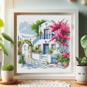 Santorini cross stitch pattern PDF+SAGA Greece Island cross stitch easy pattern Mediterranean cottage embtoidery Punto de cruz patron