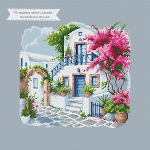 Mediterranean House Cross Stitch Pattern PDF, Greek Santorini Style, Pink Bougainvillea, Coastal Landscape image 2