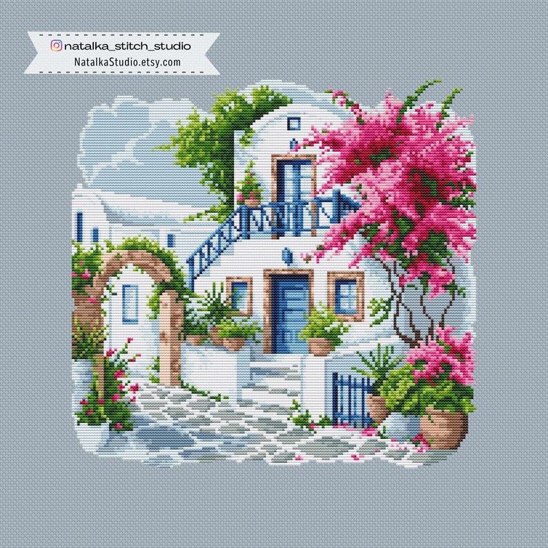 Mediterranean House Cross Stitch Pattern PDF, Greek Santorini Style, Pink Bougainvillea, Coastal Landscape image 2