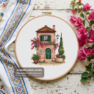 Tiny Villa Cross Stitch Pattern, Mediterranean House Embroidery Chart (PDF Download)