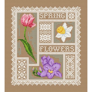 Spring flowers cross stitch pattern PDF Primitive spring sampler embroidery Modern floral cross stitch