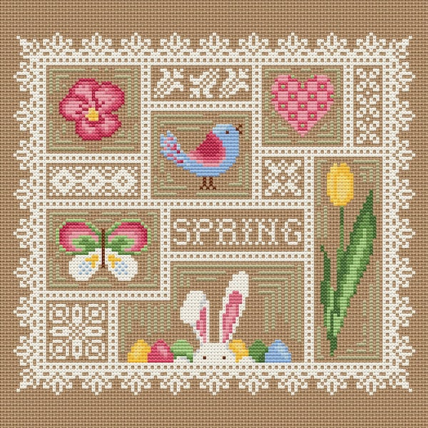 Spring sampler cross stitch pattern PDF Easter primitive embroidery Spring ornaments cross stitch