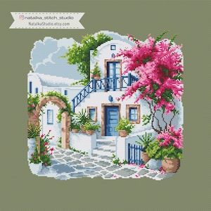 Mediterranean House Cross Stitch Pattern PDF, Greek Santorini Style, Pink Bougainvillea, Coastal Landscape image 3