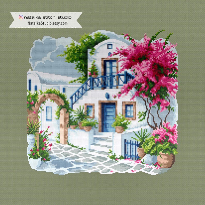 Mediterranean House Cross Stitch Pattern PDF, Greek Santorini Style, Pink Bougainvillea, Coastal Landscape image 3