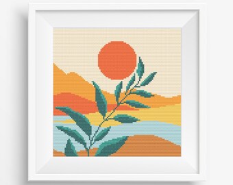 Sunrise Desert Cross Stitch Pattern: Modern Boho Landscape