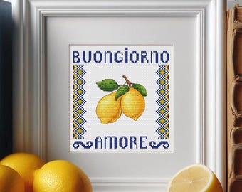 Lemon and Blue Tiles Cross Stitch Pattern: Citrus Kitchen Decor