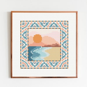 Padrão de ponto cruz de praia moderna PDF Bordado de pôr do sol Ponto cruz de nascer do sol em tons pastel Bordado de paisagem abstrata Gráfico Boho do mar Oceano