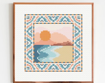 Beach Sunset Cross Stitch Pattern: Abstract Ocean Embroidery (PDF Pattern)