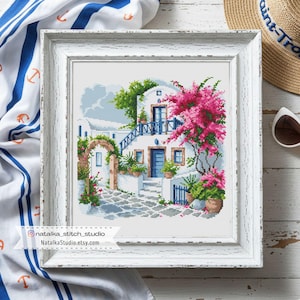 Mediterranean House Cross Stitch Pattern PDF, Greek Santorini Style, Pink Bougainvillea, Coastal Landscape image 5