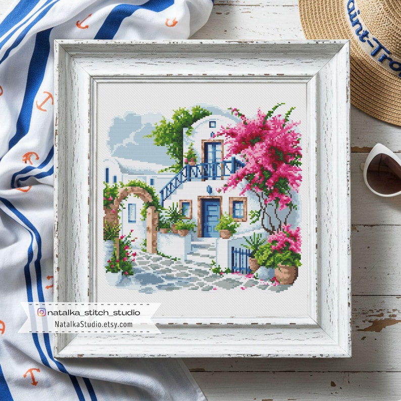 Mediterranean House Cross Stitch Pattern PDF, Greek Santorini Style, Pink Bougainvillea, Coastal Landscape image 5
