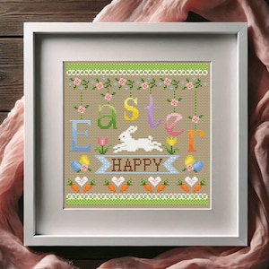 Happy Easter Cross Stitch Pattern PDF+SAGA Sampler Embroidery Spring Pattern  Primitive Cross Stitch Bunny Punto de cruz patron