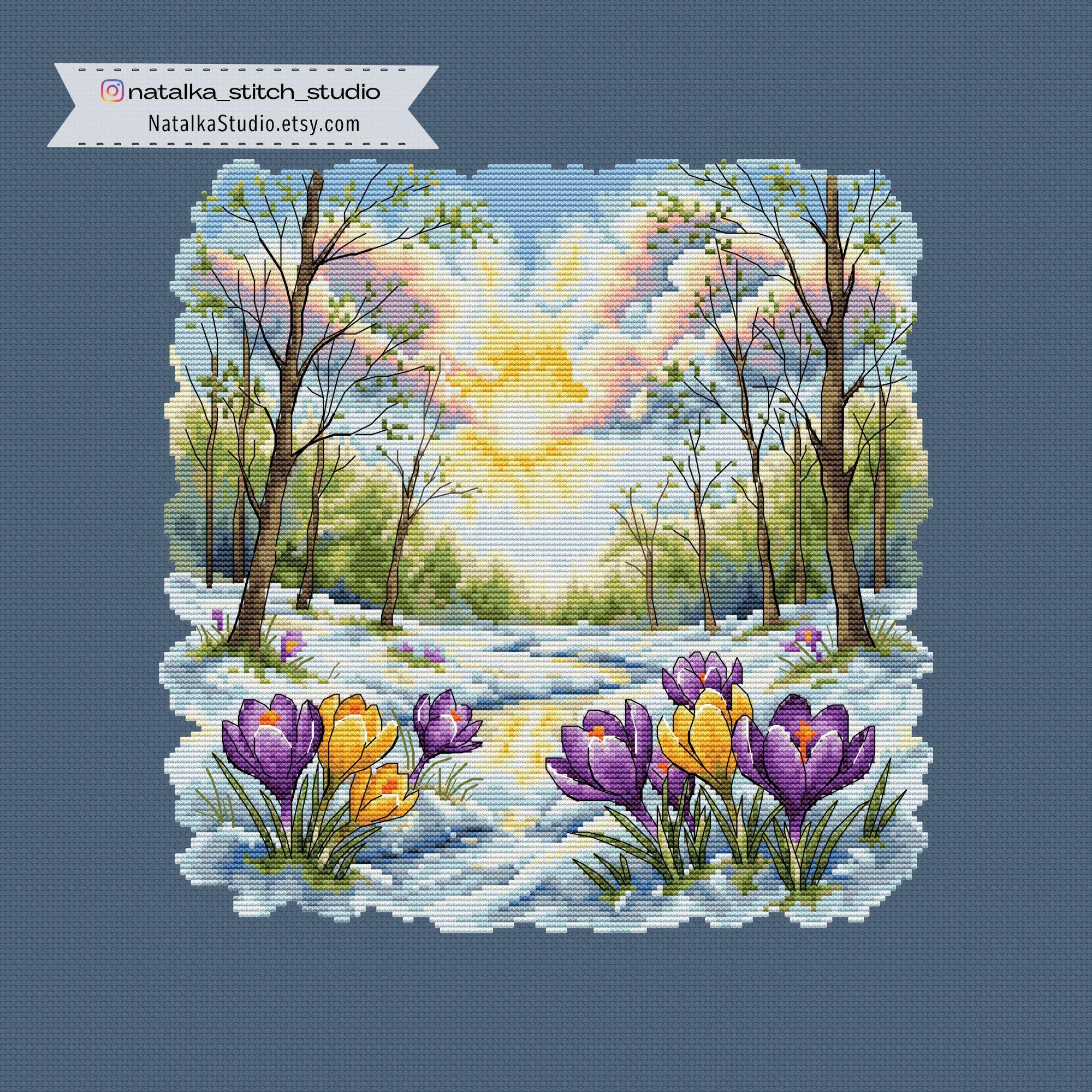 Spring Cross Stitch Pattern PDF, Crocus Flowers, Early Spring Forest ...