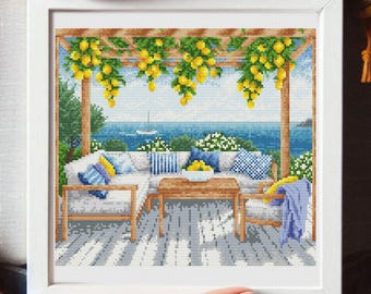 Summer Terrace Cross Stitch Pattern: Lemon & Sea View (PDF Pattern)