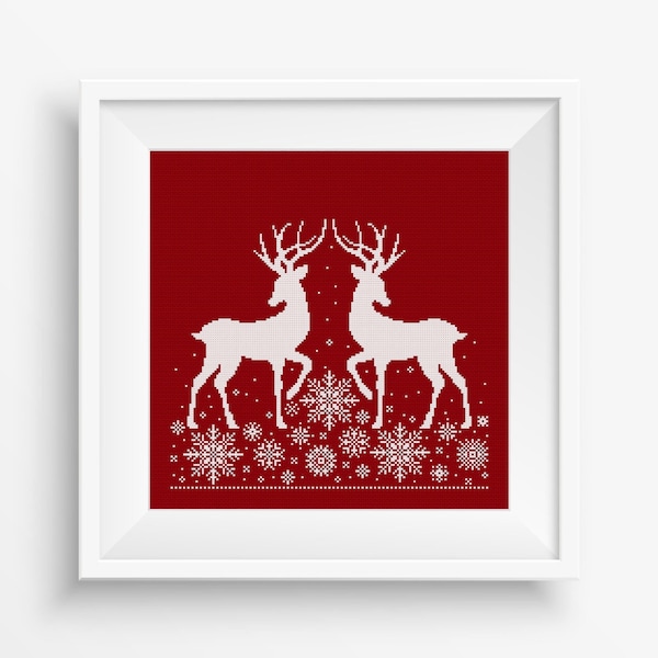 Christmas deer cross stitch Snow deers embroidery Easy Holiday counted cross stitch chart Christmas pillow cross stitch