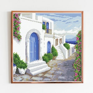 Greek Island Street cross stitch pattern PDF Landscape embroidery Santorini cross stitch