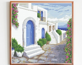 Santorini Cross Stitch Pattern: Greek Island Landscape Embroidery