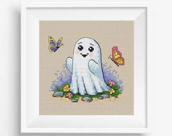 Ghost Cross Stitch Pattern with Butterflies (PDF) Halloween