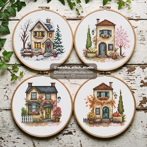 Kreuzstich-Set „Kleine Häuschen“, 4 saisonale Hausmuster (PDF), Mini-Häuschen-Kollektion, Sofort-Download