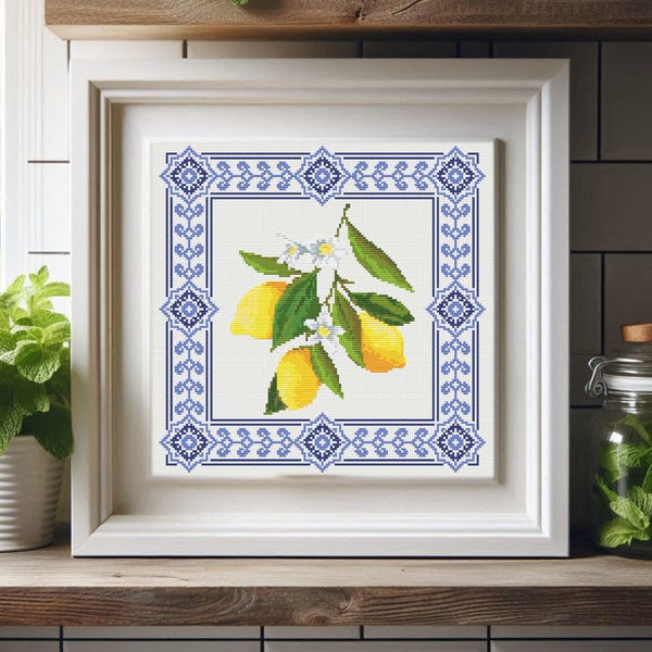 Lemon Cross Stitch Pattern: Modern Citrus Fruit Design