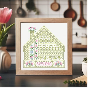 Spring Sampler Cross Stitch Pattern PDF+SAGA Seasons Embroidery House Cross Stitch Spring Flowers Primitives Pattern  Punto de cruz patron
