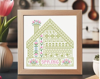 Spring House Cross Stitch Pattern: Primitive Sampler