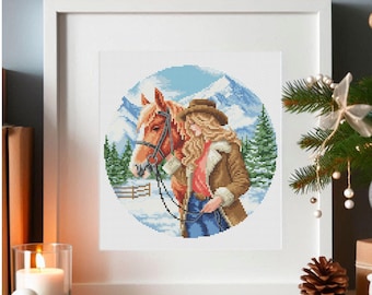 Cowgirl and Horse Winter Scene Cross Stitch Pattern (PDF+SAGA)