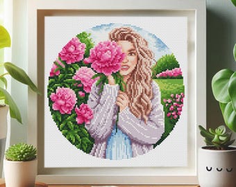 Girl with Peonies Cross Stitch Pattern: Spring Floral Embroidery