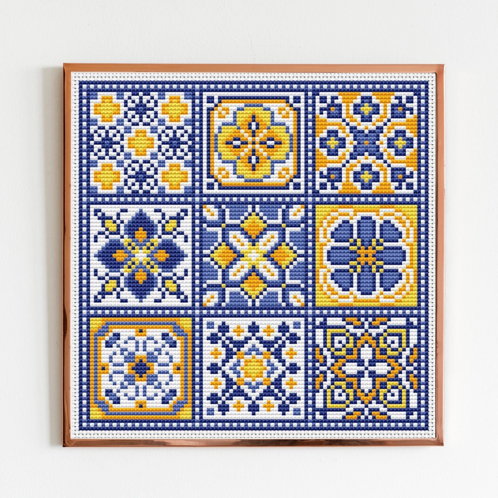 Tile Stitching Pattern Blue and Yellow Tiles Cross Stitch Pattern: Modern Mosaic Embroidery - Etsy