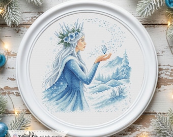 Snow Woman Cross Stitch Pattern PDF, Winter Queen Embroidery Chart, Fantasy Winter Portrait