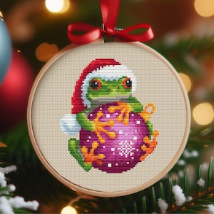 Christmas frog cross stitch pattern PDF+SAGA Christmas ornament Small cross stitch Frog Santa pattern Frog lover gift Punto de cruz patron