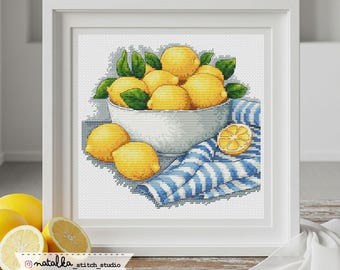 Lemon Cross Stitch Pattern: Citrus Kitchen Decor