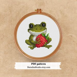 Può includere: Uno schema di punto croce con una rana verde che tiene una fragola rossa. Lo schema è incorniciato in un cerchio di legno e il testo "PDF pattern" e "NatalkaStudio.etsy.com" è stampato sotto il cerchio.