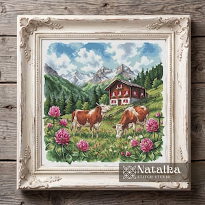 Alpine Cows Cross Stitch Pattern, Swiss Chalet Landscape, Mountain Farmhouse Embroidery Chart (PDF Download)