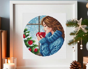 Christmas Coffee Girl Cross Stitch Pattern: Winter Morning