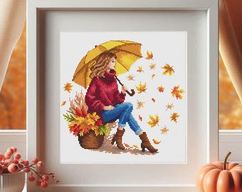 Autumn Girl with Umbrella Cross Stitch Pattern: Fall Leaves Embroidery (PDF)