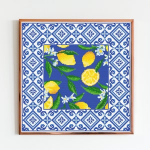 Lemons cross stitch Blue Tiles cross stitch Lemon citrus embroidery Kitchen cross stitch Fruit pattern PDF