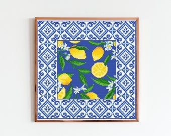 Lemons and Blue Tiles Cross Stitch Pattern