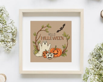 Hello Halloween cross stitch pattern Autumn cross stitch Pumpkin embroidery  Cross stitch autumn Ghost cross stitch