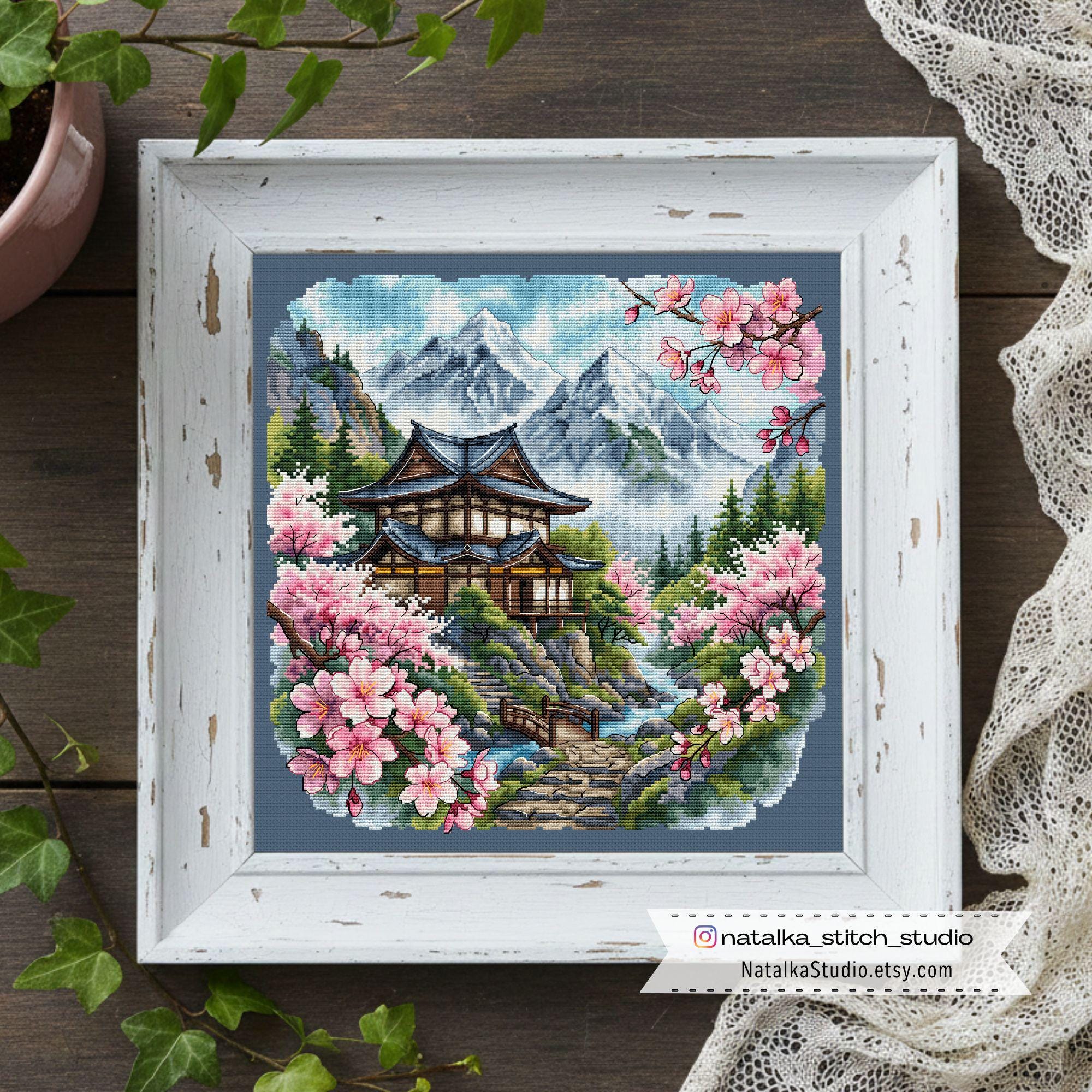 Cherry Blossom Cross Stitch Pattern, Japanese Temple Landscape, Sakura ...