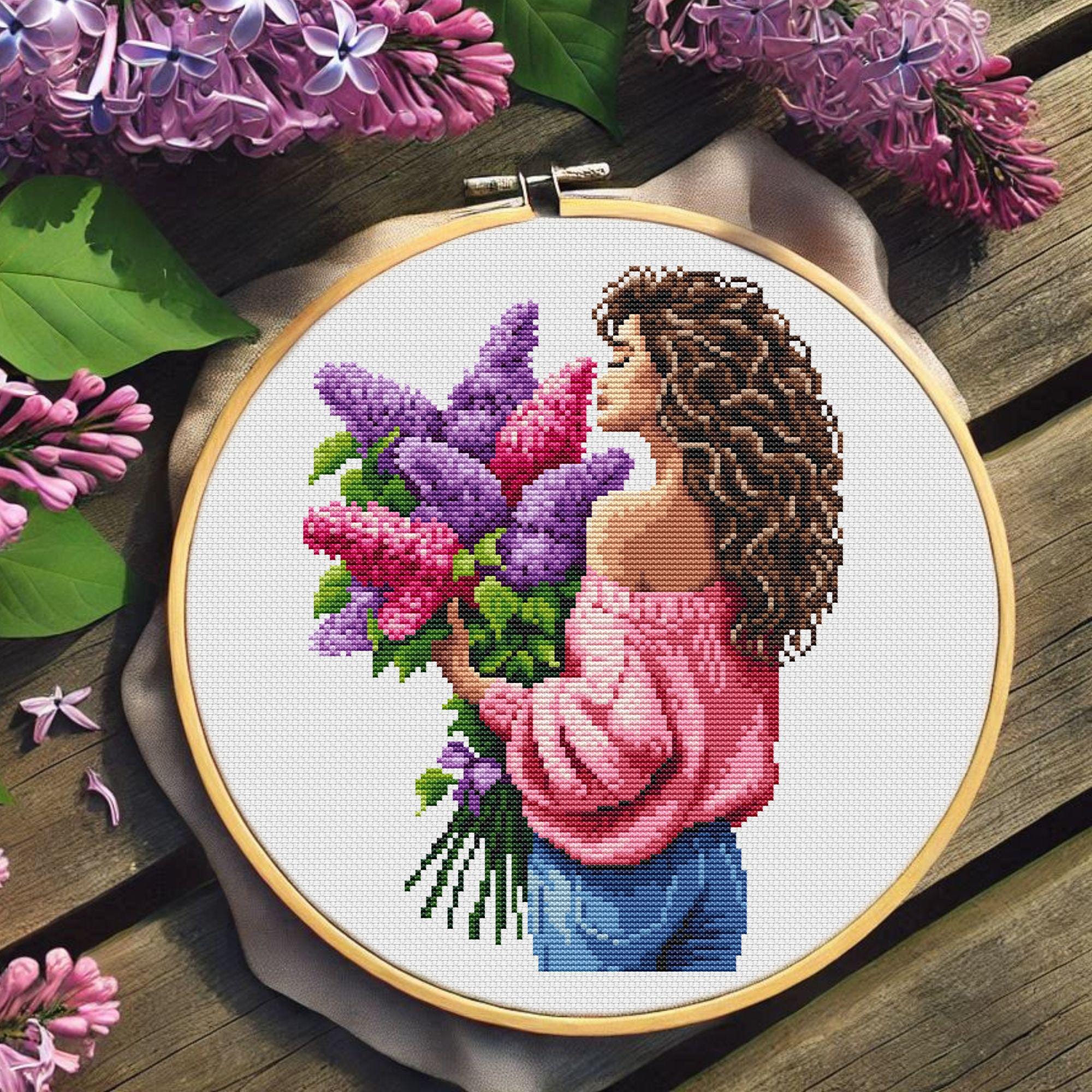 Girl With Lilacs Cross Stitch Pattern PDF+SAGA Spring Flowers