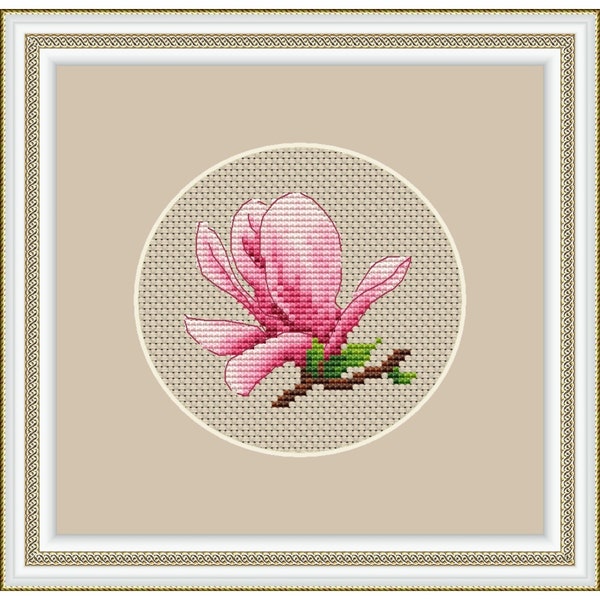 Magnolia cross stitch pattern Spfing flover embroidery Small primitive pattern Magnolia bloom cross stitch