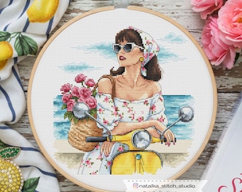 Italian Cross Stitch Pattern PDF, Summer Woman, Mediterranean Style