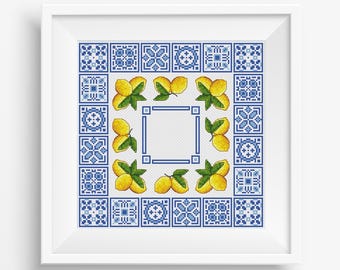 Mediterranean Lemon Tile Cross Stitch Pattern: Blue Yellow Embroidery (PDF)